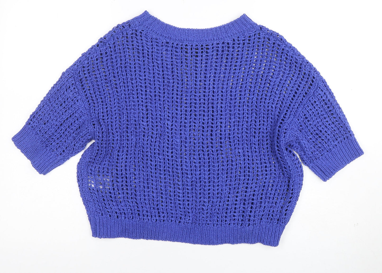 Zara Women's Blue Open Knit Cotton Jumper Size S Short Sleeve