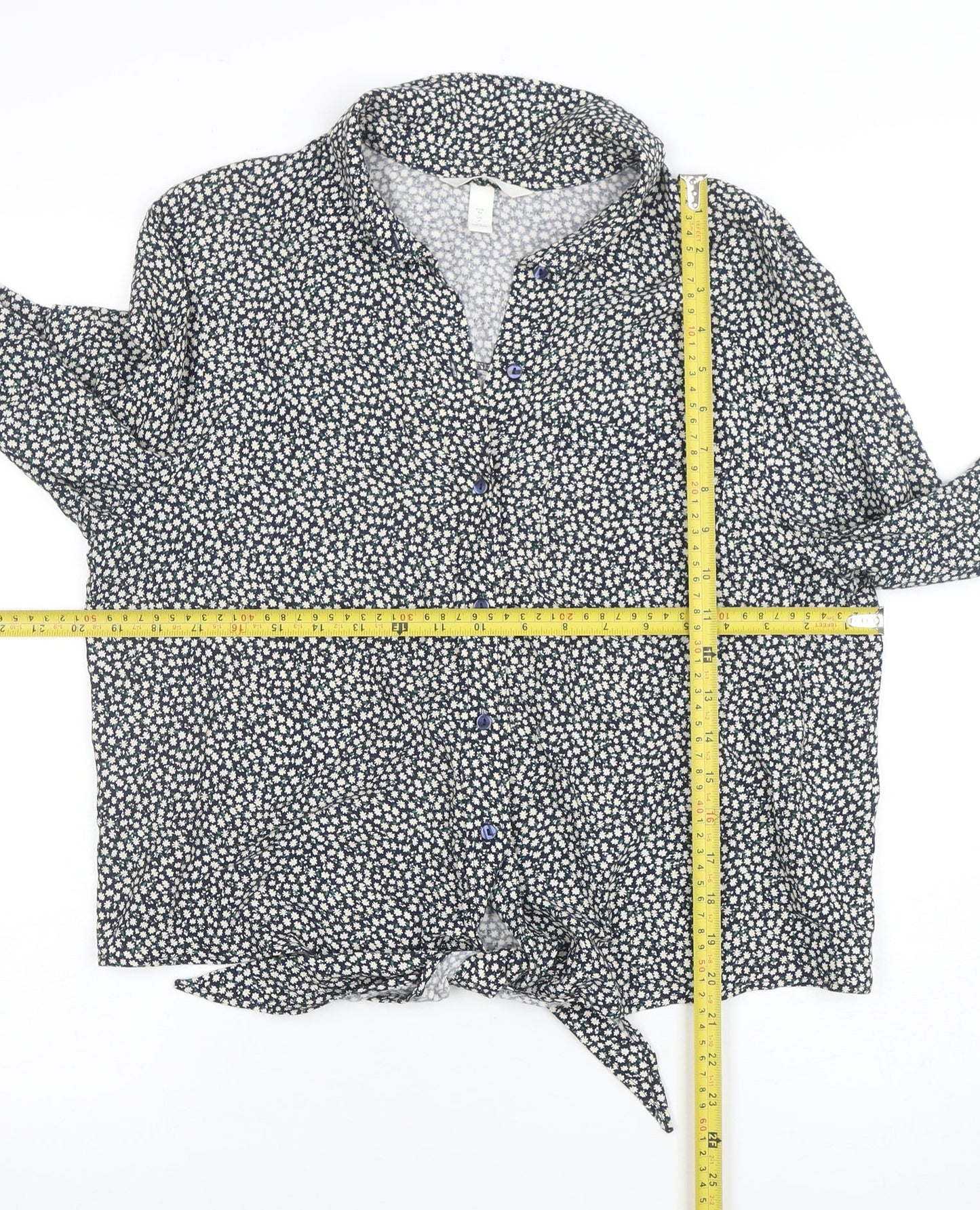 H&M Women's Blue Floral Tie Front Button-Up Blouse Size 8