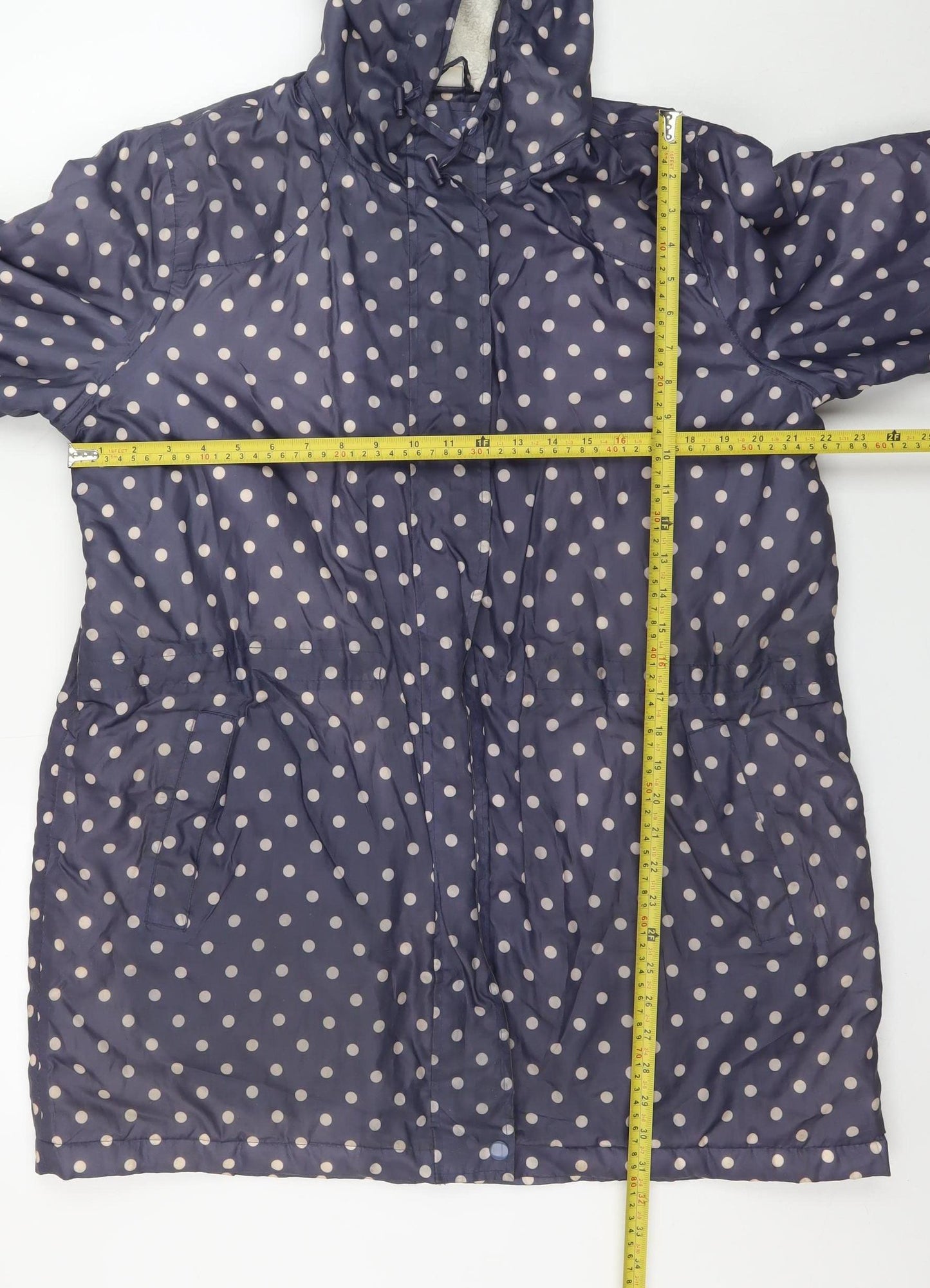 Cotton Traders Women's Blue Polka Dot Hooded Rain Coat Size 16