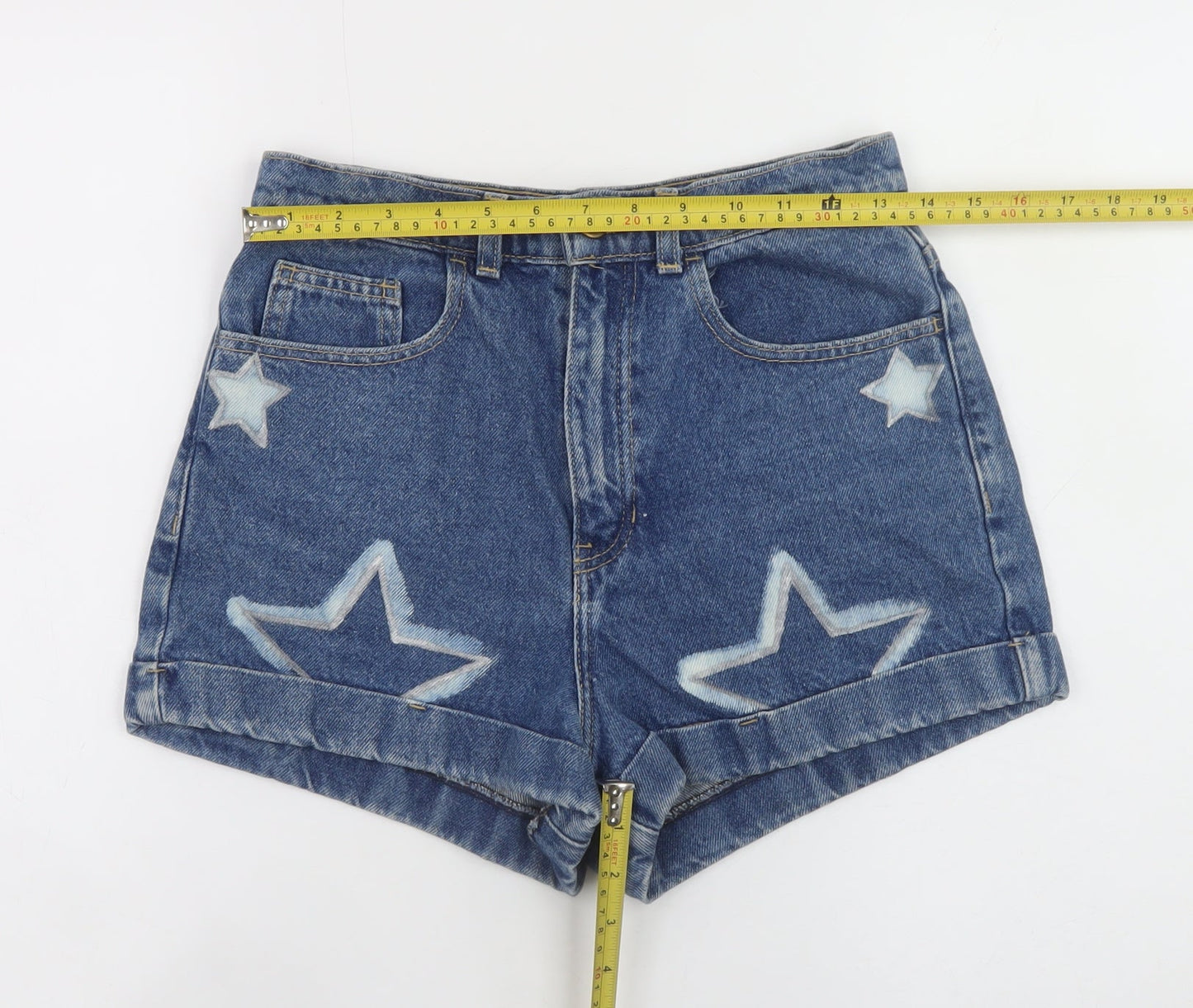 American Apparel Women Blue Denim Star Print High Waist Shorts Size 10