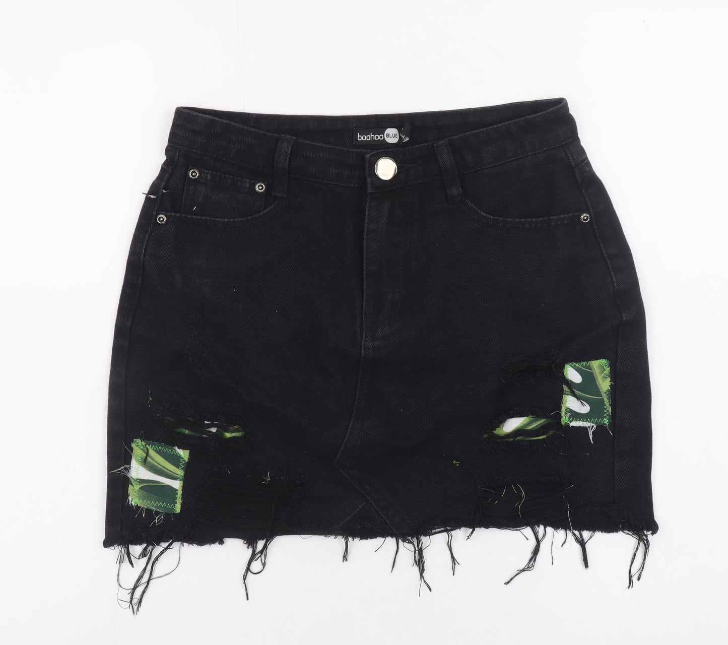 Boohoo Blue Women's Black Size 8 Distressed Denim Mini Skirt