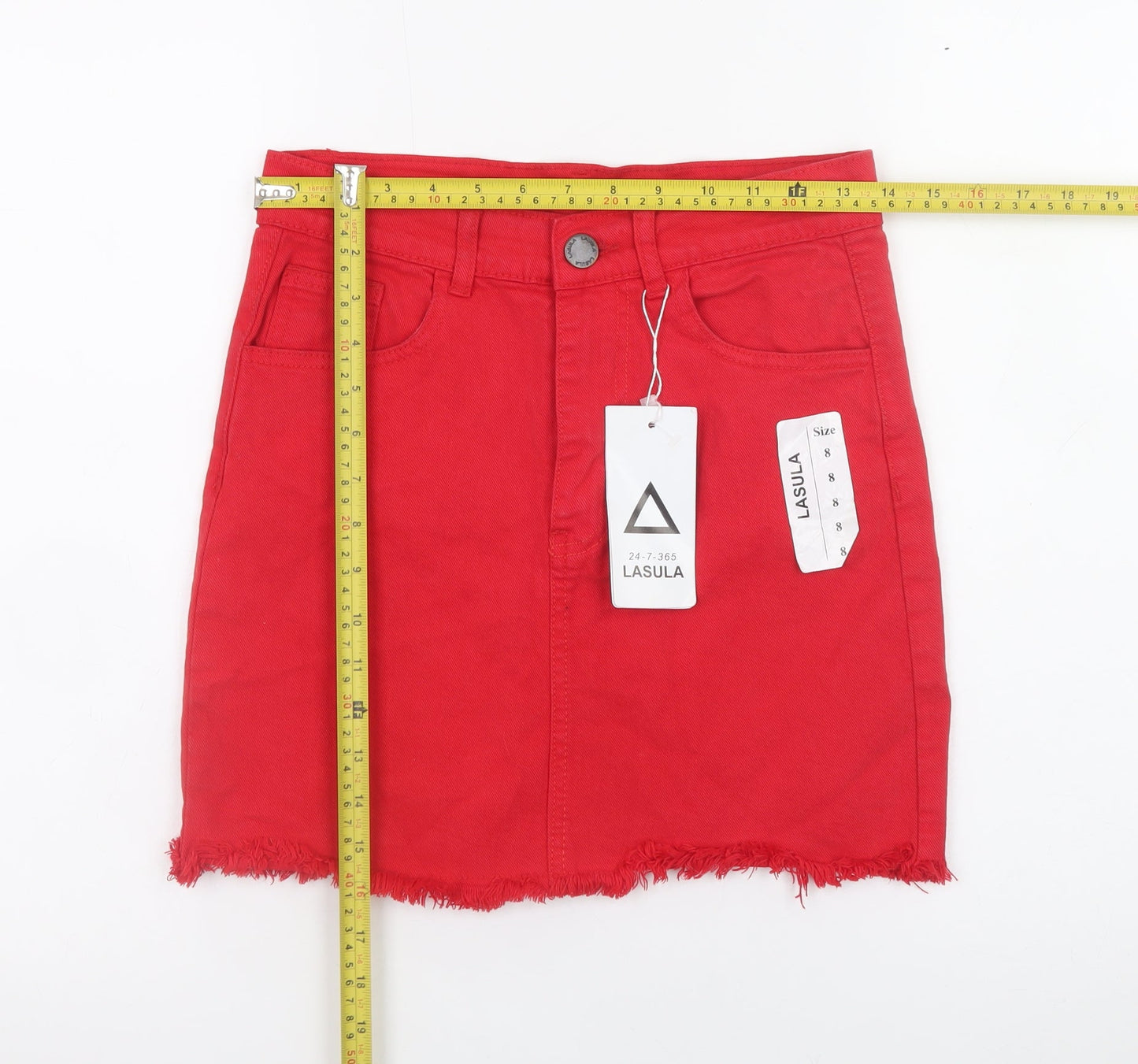 Lasula Womens Red Mini Denim Skirt Size 8 High Waist Stretch