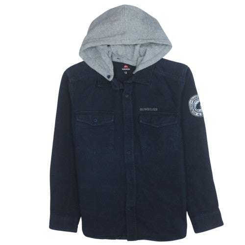 Quiksilver Men's Navy Blue Hooded Button-Up Shirt Size 12 Regular Fit