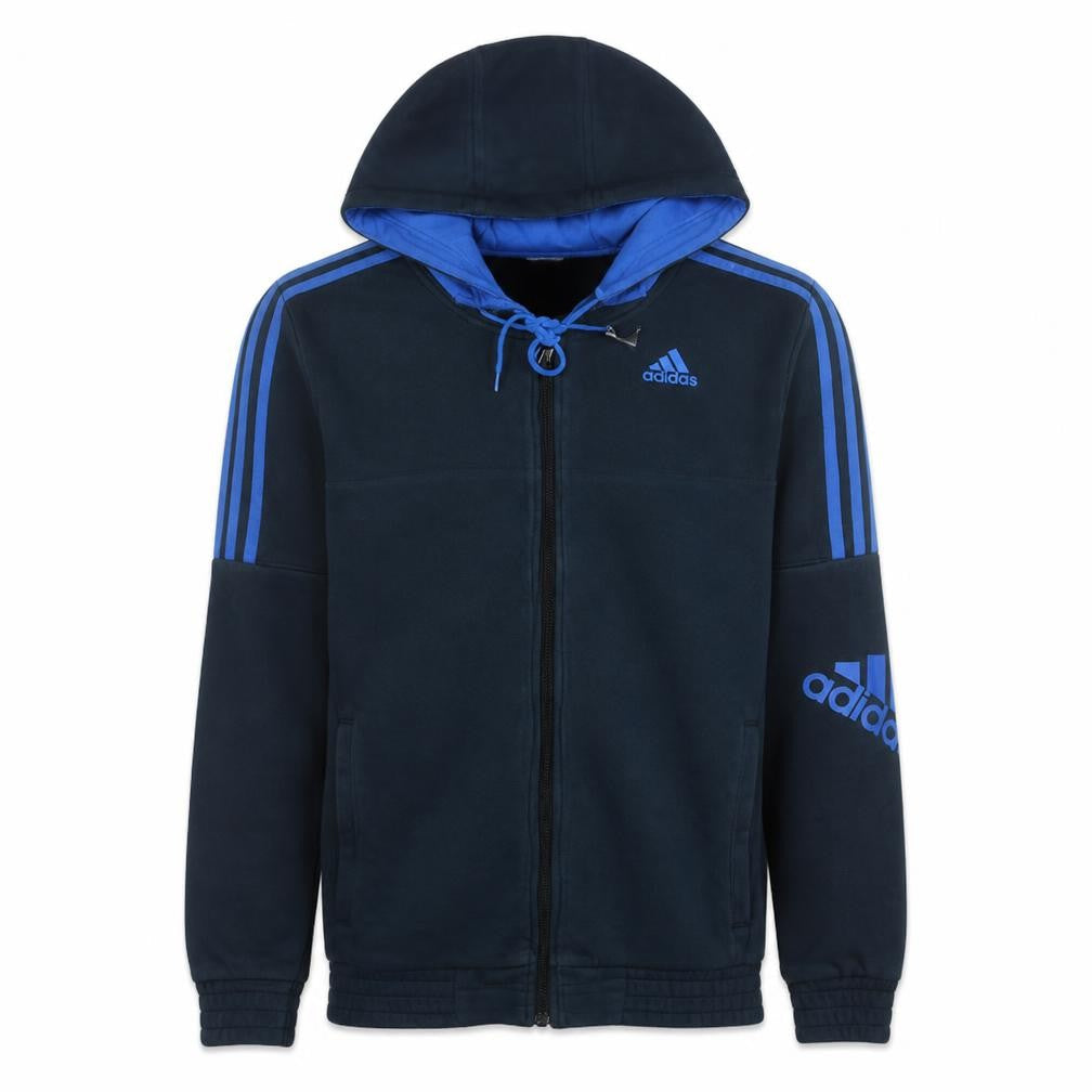 Front view of Adidas Men's Blue Full Zip Hoodie, size S, Logo Sportswear