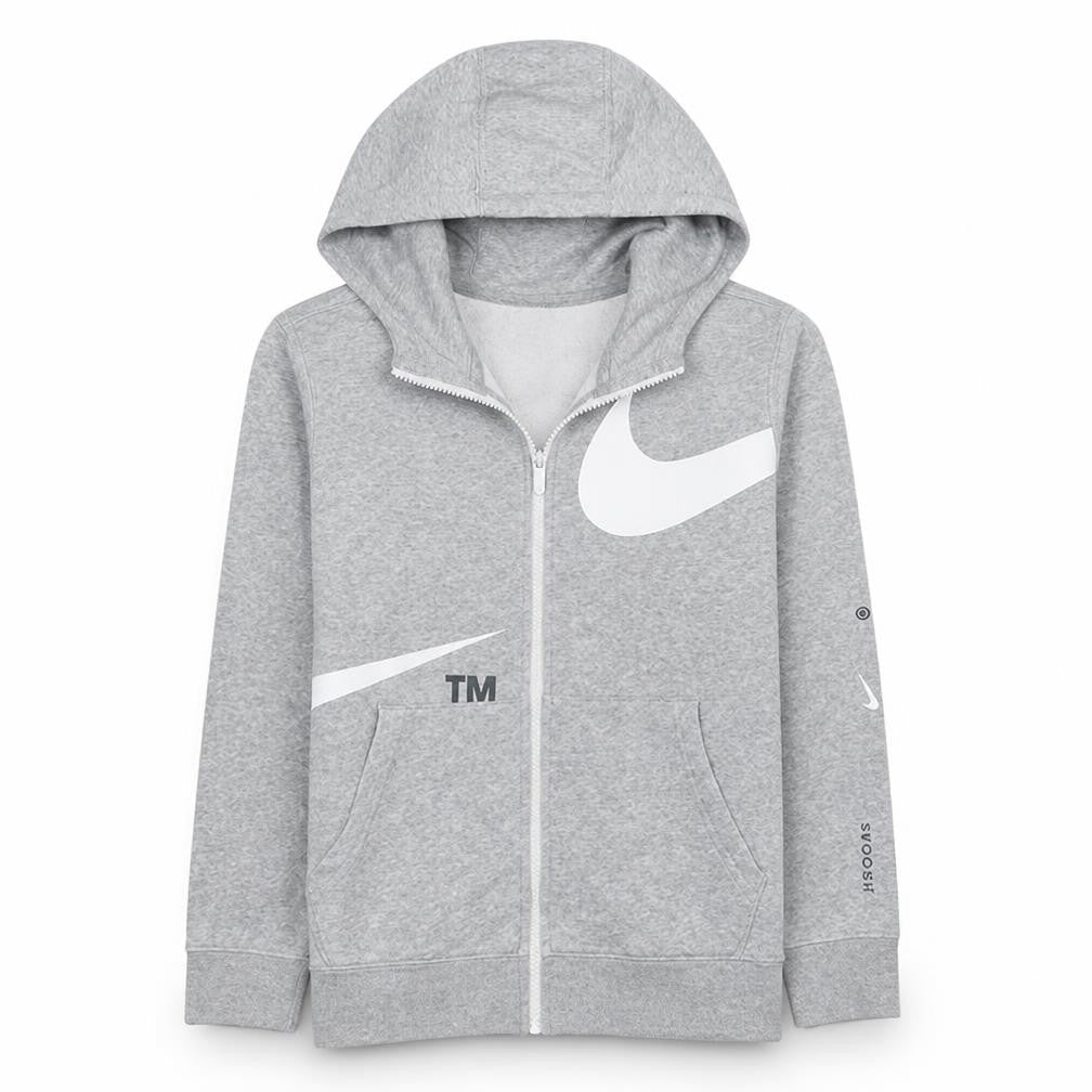 Front view of Nike boys’ grey full zip hoodie, size L, 147-158cm fleece sweatshirt