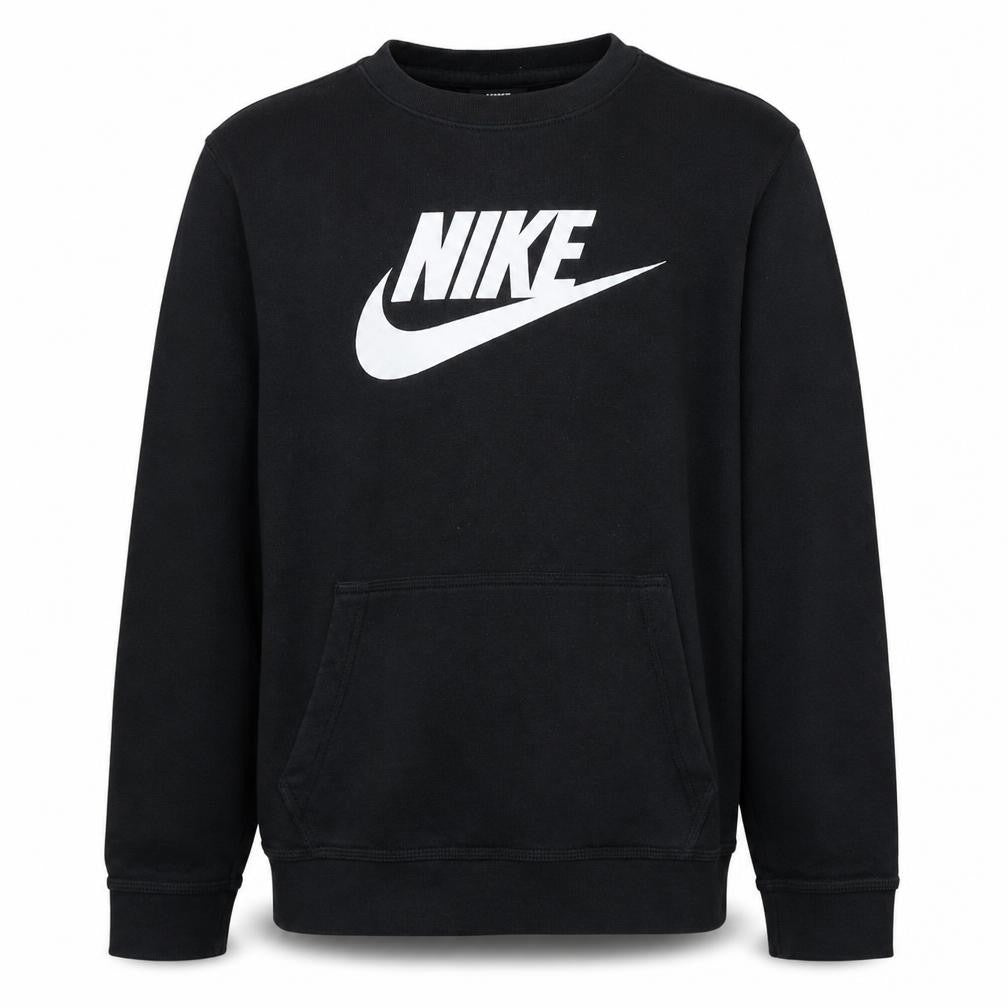 Front view of Nike boys’ black xl sweatshirt crew neck fleece pullover logo print