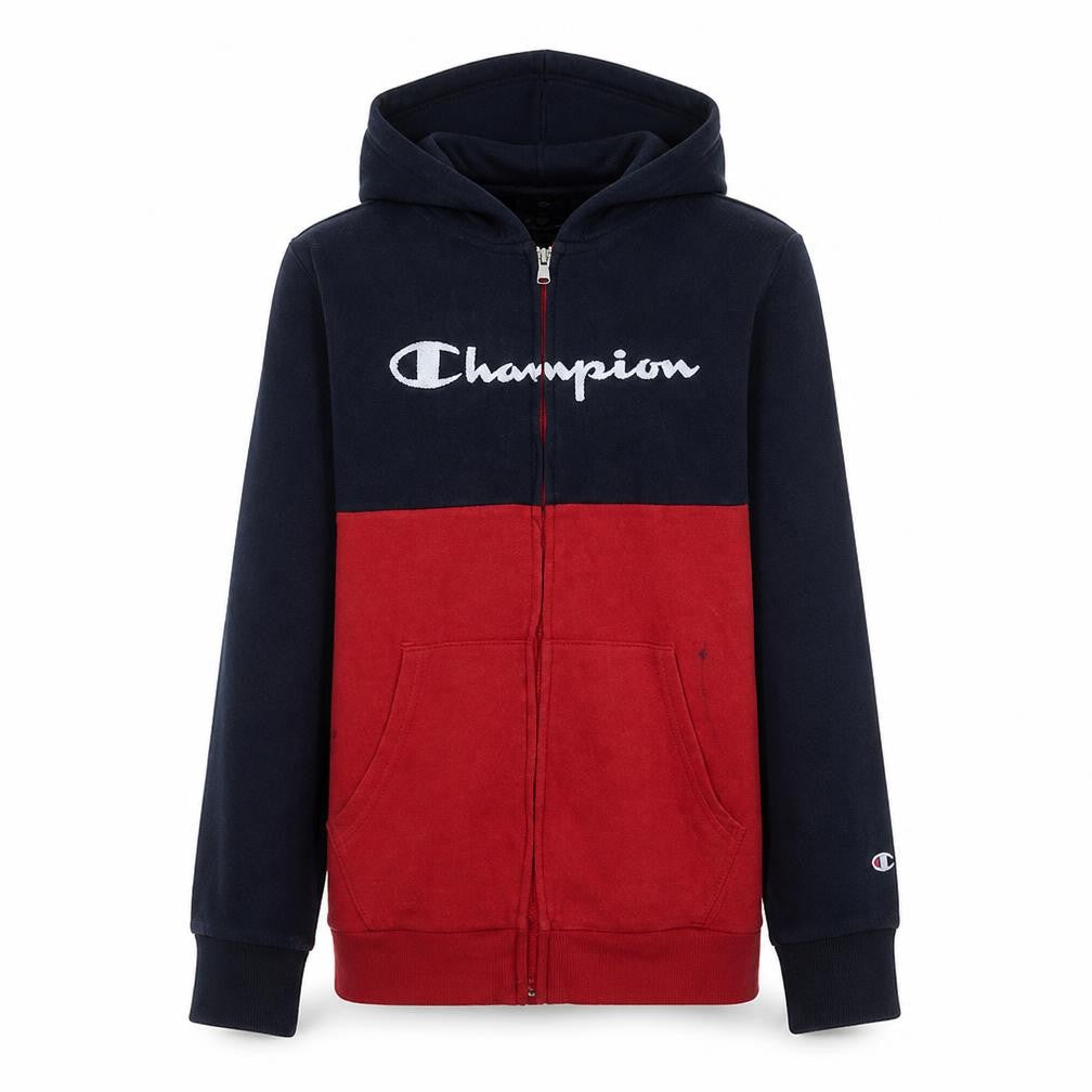 Front view of Champion boys’ navy red full zip hoodie, size 13-14, years cotton blend