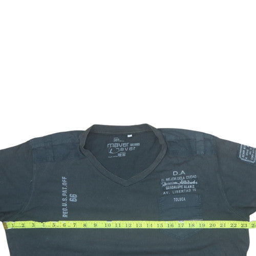 Maver Denim Men's Grey V-Neck Graphic Print Cotton T-Shirt L