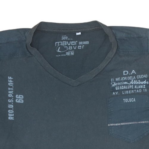 Maver Denim Men's Grey V-Neck Graphic Print Cotton T-Shirt L