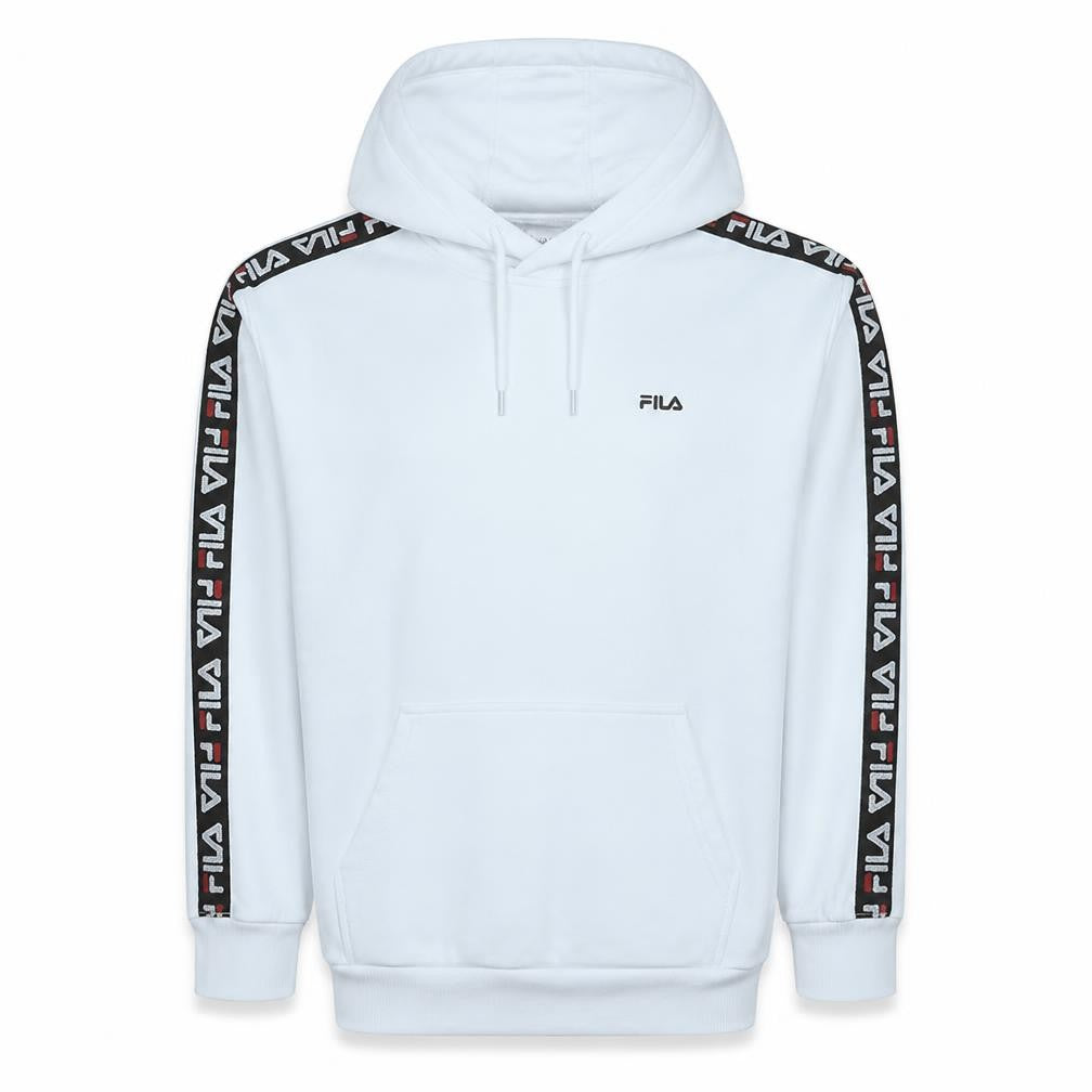 Front view of Fila Men White Hoodie Medium Pullover Logo Trim Casual Style