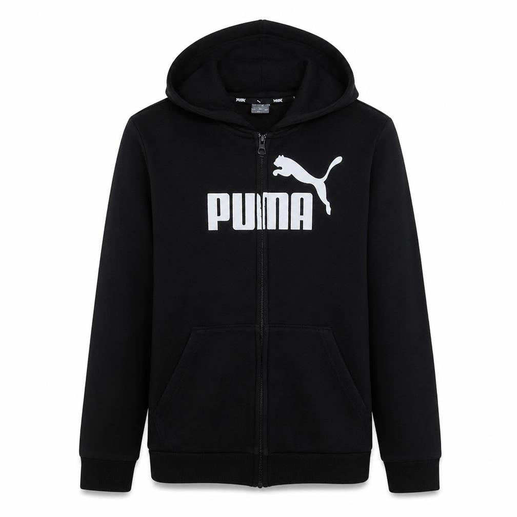 Front view of Puma Men's Black Full Zip Hoodie, size L, Sports Fleece Sweatshirt