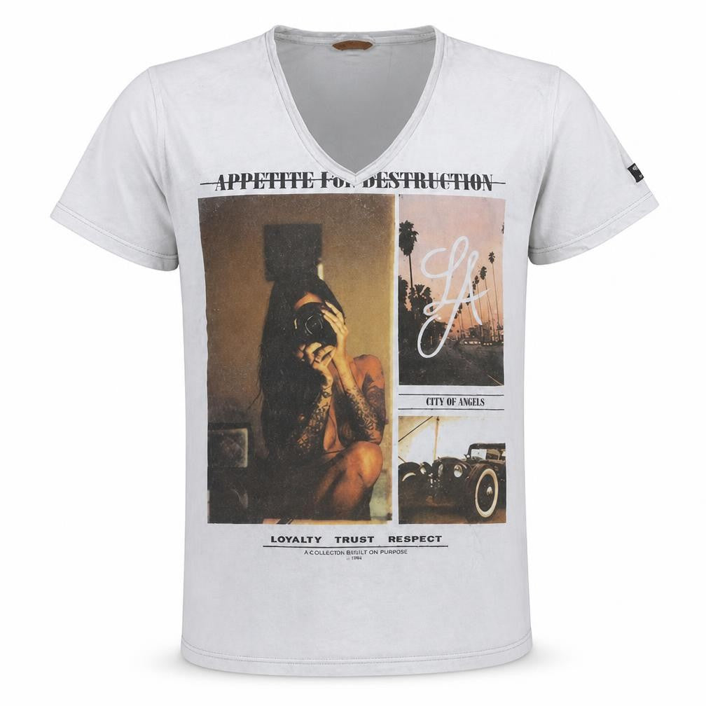 Chasin' Men's Grey Graphic Print V-Neck Cotton T-Shirt Size M
