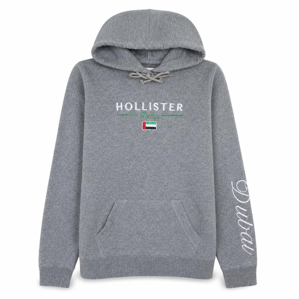 Hollister Men's Grey Pullover Hoodie L Dubai Embroidered Logo Jumper