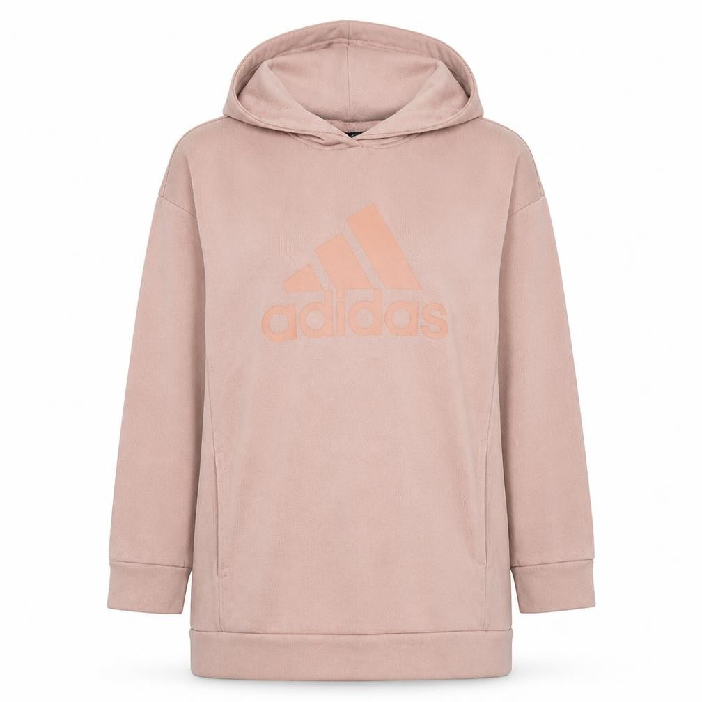 Front view of Adidas women’s pink long sleeve pullover hoodie, size UK 12, casual