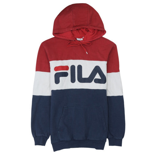 FILA Men's Red Navy White Pullover Hoodie Small Logo Graphic Cotton Blend