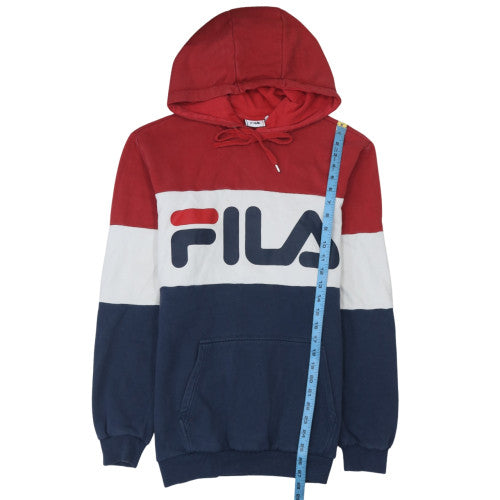 FILA Men's Red Navy White Pullover Hoodie Small Logo Graphic Cotton Blend