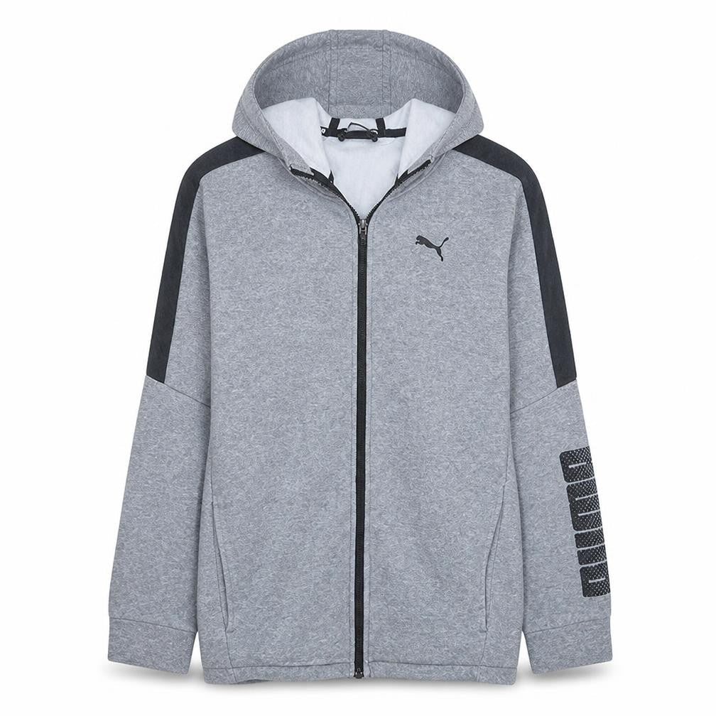 Front view of Puma boys’ grey full zip hoodie, size 16, years cotton blend sportswear
