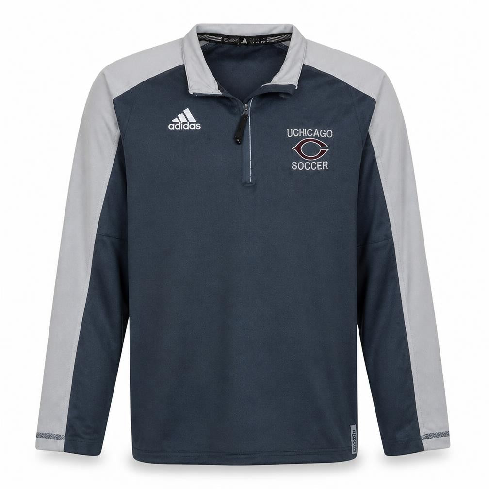 Front view of Adidas men’s blue grey 1/4 zip pullover sweatshirt uchicago soccer m
