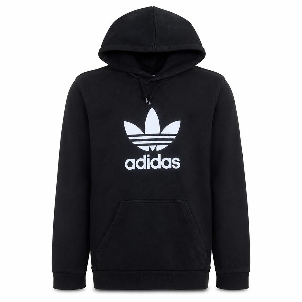Front view of Adidas men’s black pullover hoodie m logo fleece sweatshirt