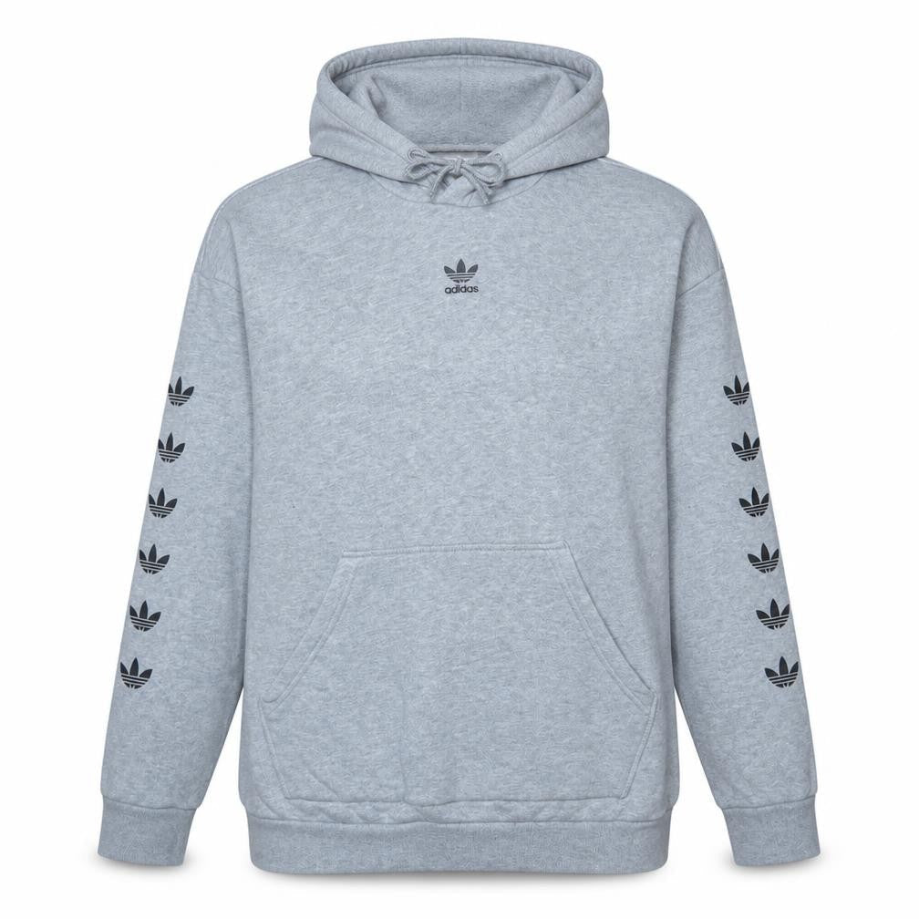 Front view of Adidas women’s grey hoodie, size UK 8, pullover logo print sweatshirt