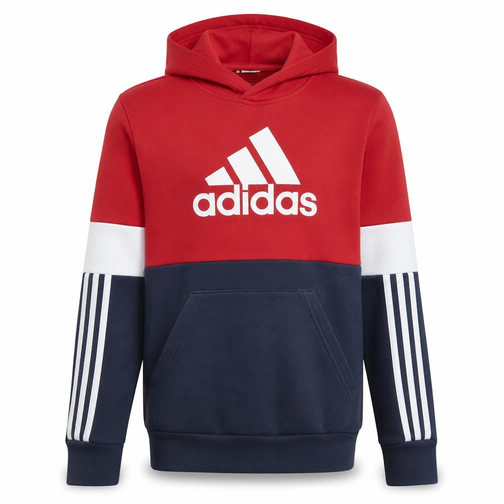 Front view of Adidas boys’ red navy colourblock pullover hoodie 13-14 years fleece logo