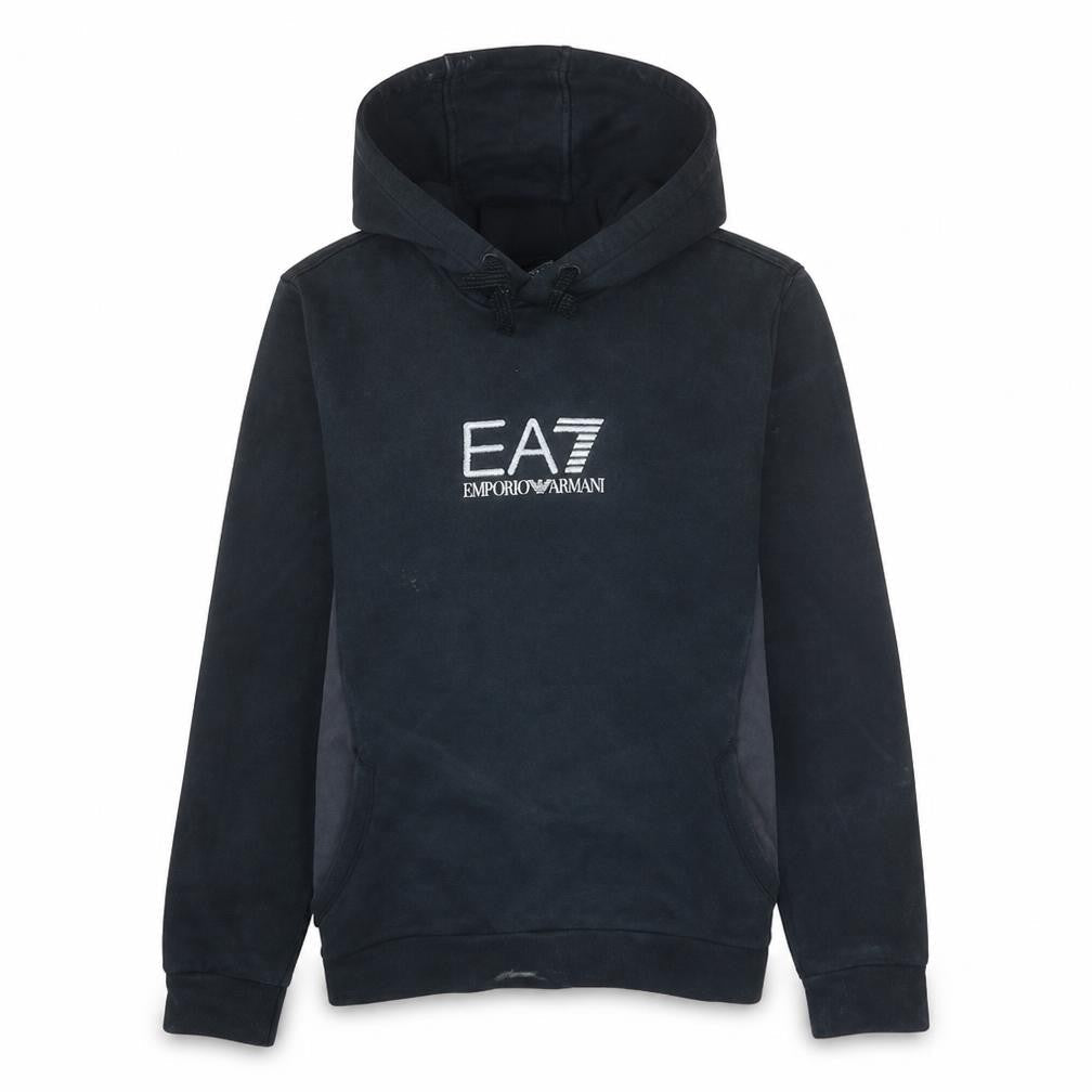 Front view of Emporio Armani EA7 Women's Black Hoodie, size M, Cotton Blend Pullover