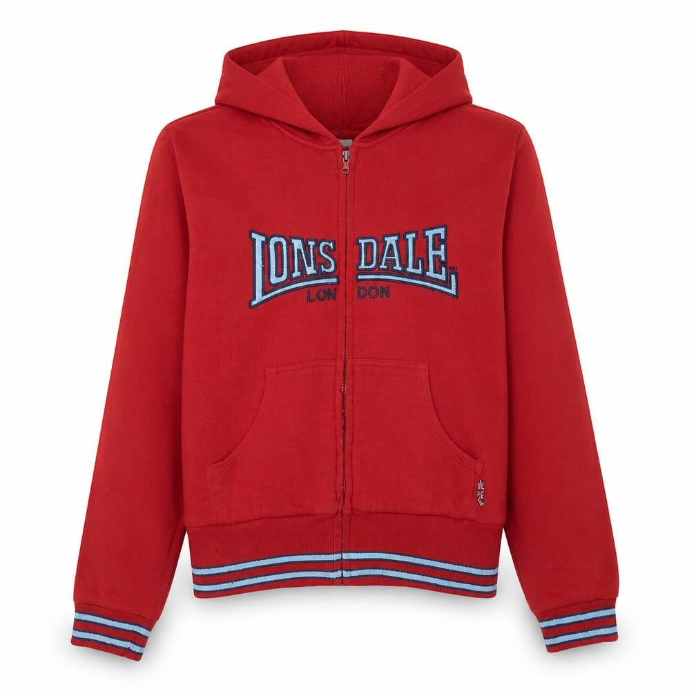 Front view of Lonsdale boys’ red full zip hoodie sweatshirt 10 years cotton blend