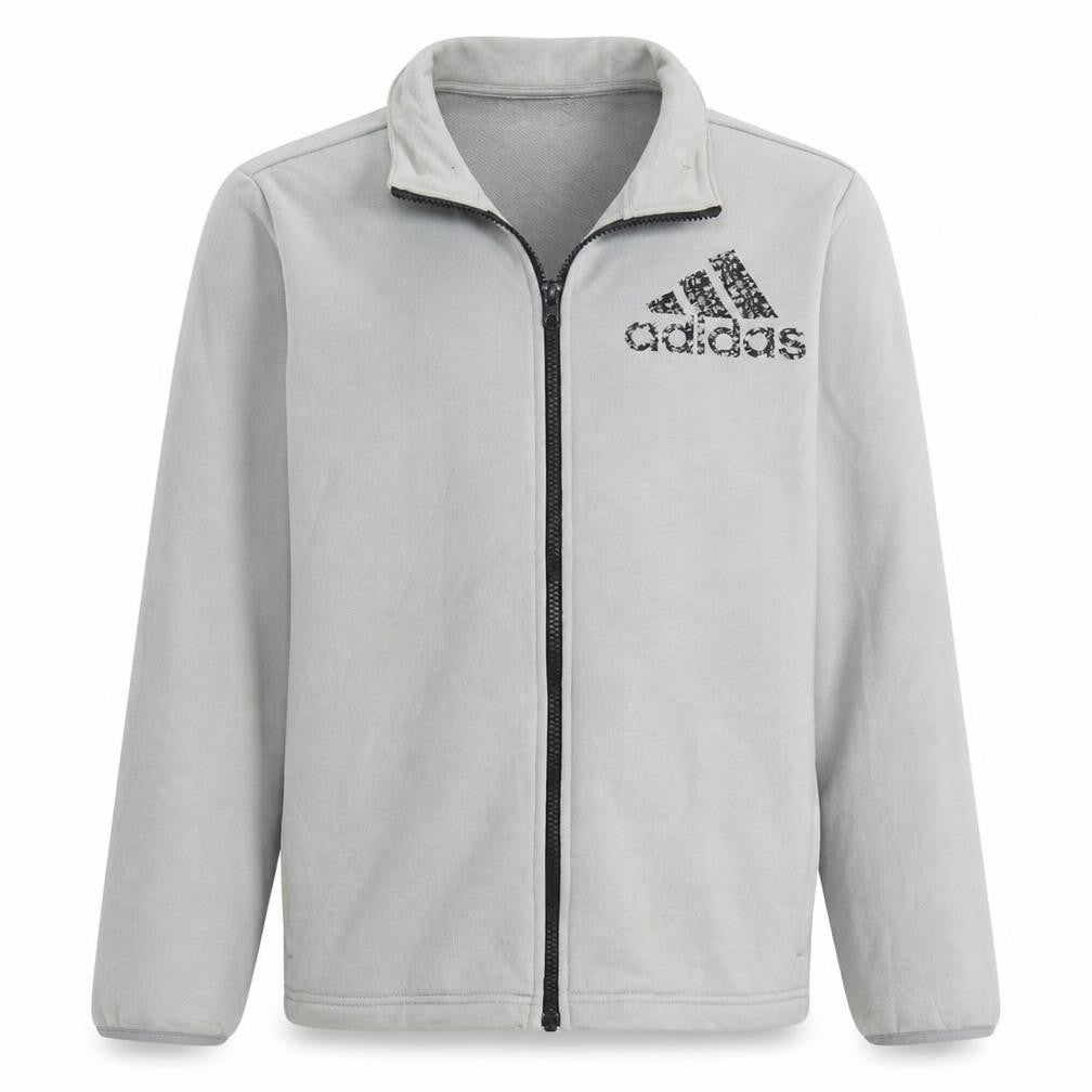 Front view of Adidas boys’ grey full zip track jacket, size 13-14, years