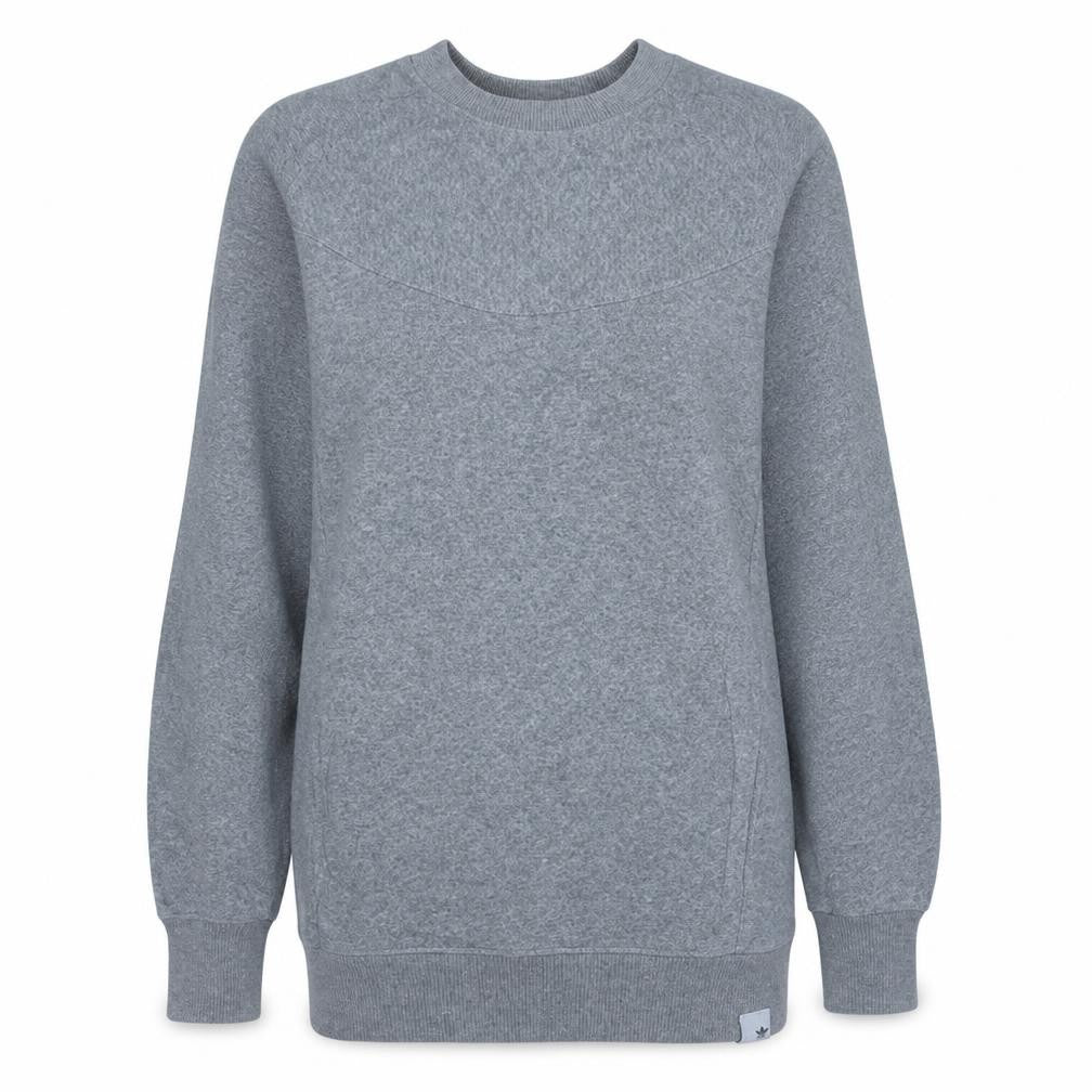 Front view of Adidas women’s grey long sleeve crew neck pullover sweatshirt, size UK 14