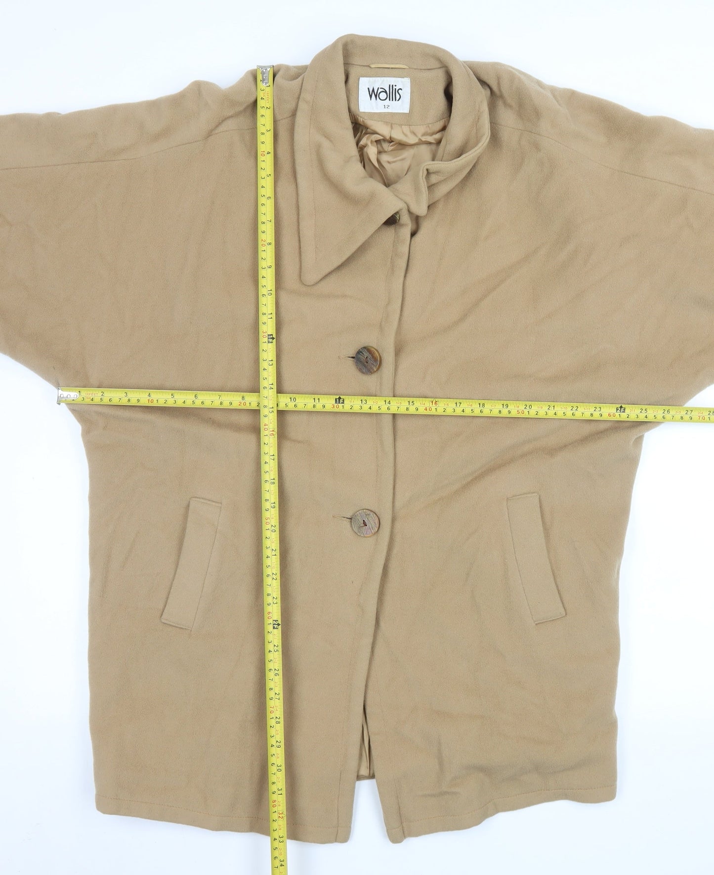 Wallis Women Beige Wool Cashmere Blend Coat Size 12 Classic Buttoned Style