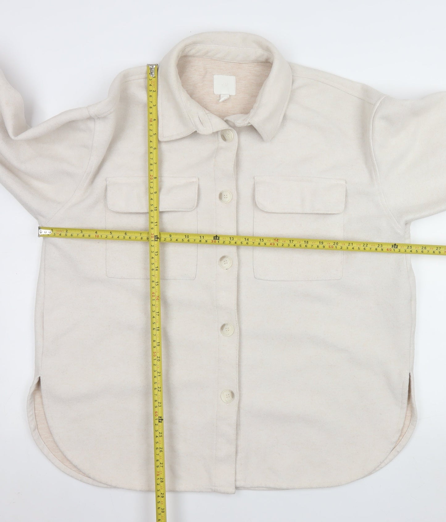 H&M Women Beige Fleece Shacket Jacket L Long Sleeve Collared Top