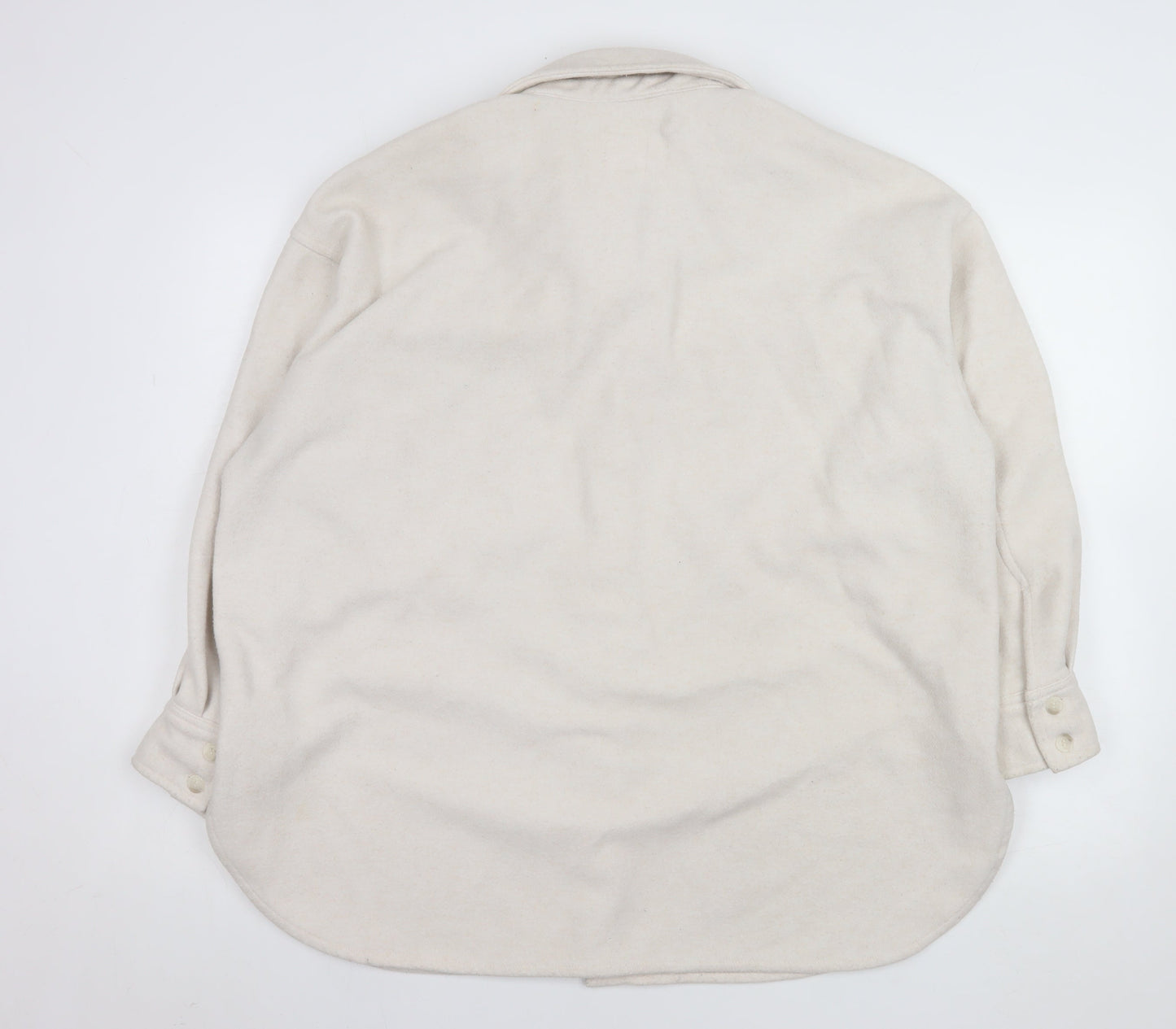 H&M Women Beige Fleece Shacket Jacket L Long Sleeve Collared Top