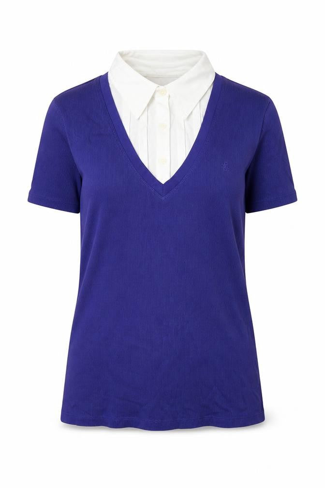 Lauren Ralph Lauren Women Blue Cotton V-Neck Collared Short Sleeve Top M
