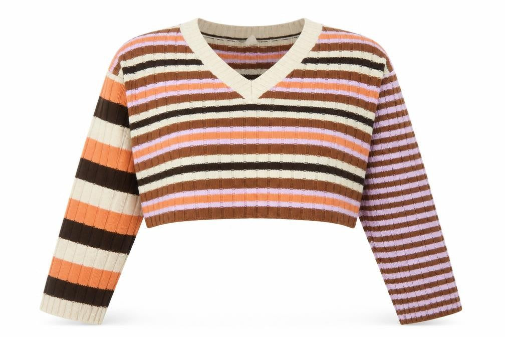 Urban Outfitters Women Brown Stripe V-Neck Cropped Jumper Size M