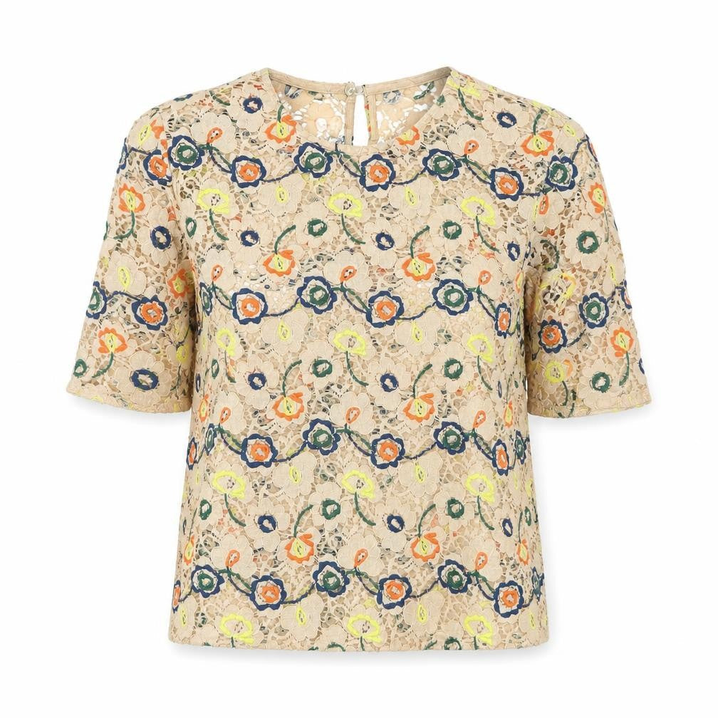 Zara Women Beige Embroidered Floral Lace Blouse Size 8