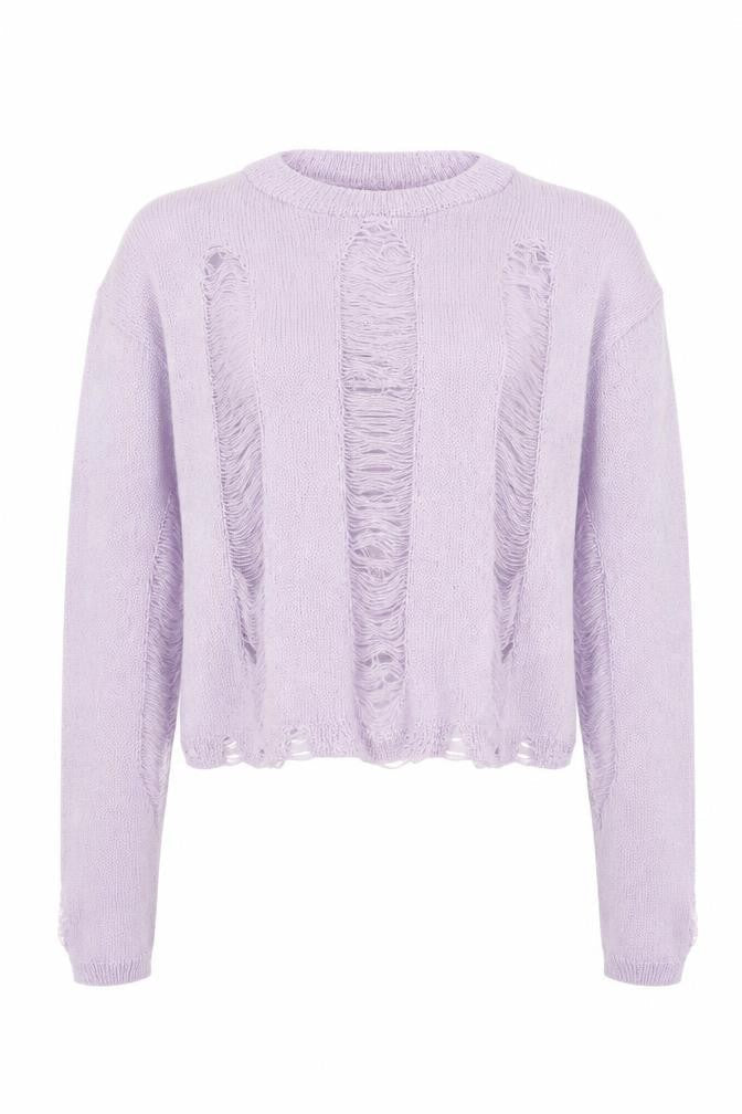 Skinnydip Women’s Purple XL Distressed Knit Open Crew Neck Jumper