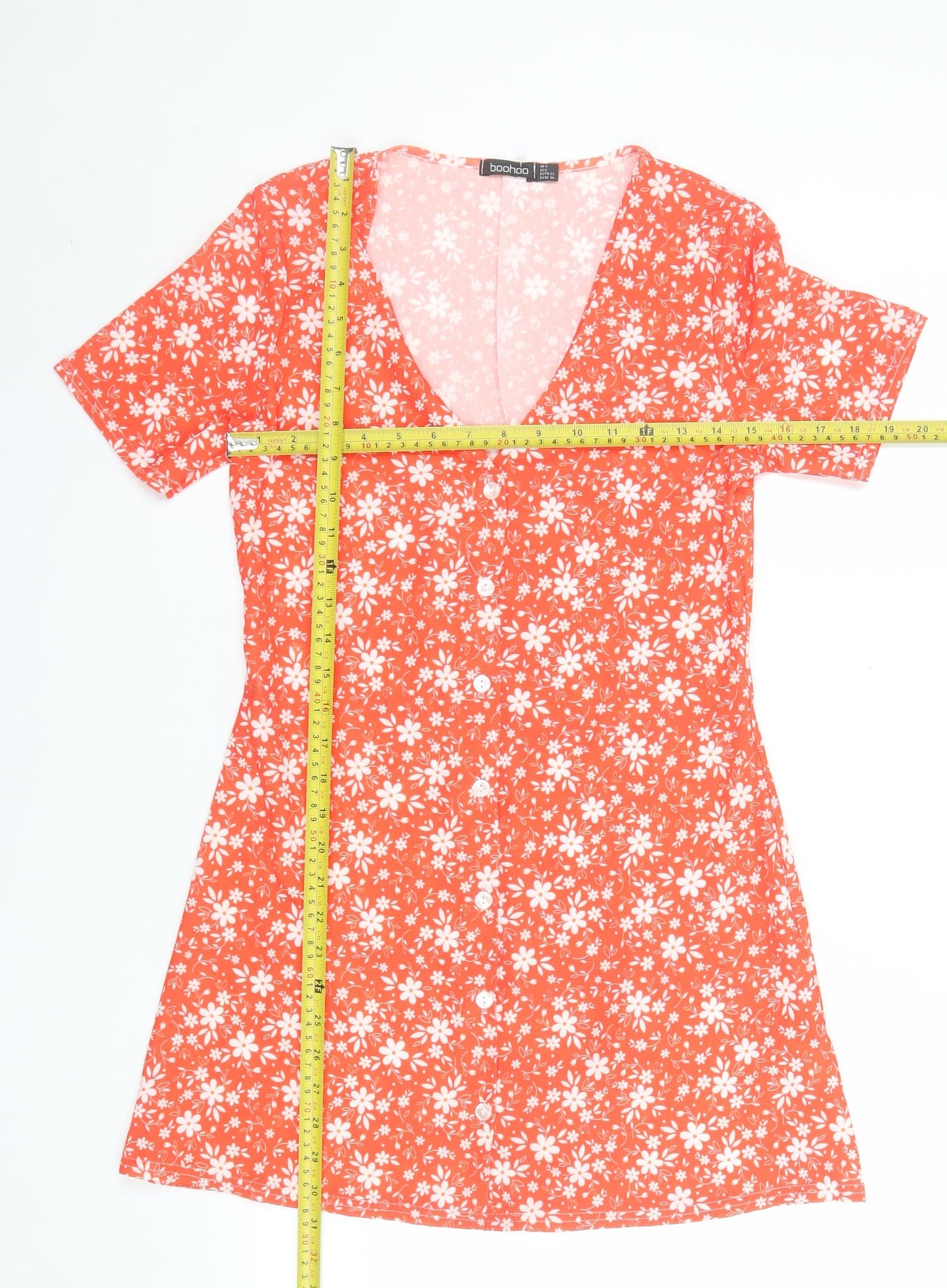 Boohoo Women's Orange Floral A-Line Short Sleeve V-Neck Short Dress Size 4