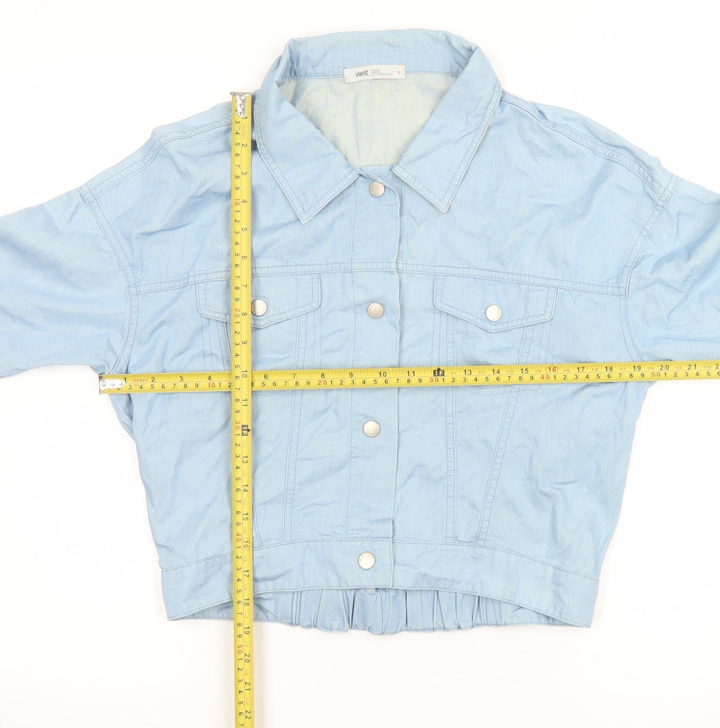 Yammira Women Blue Cropped Button-Up Shirt Size 8 Cotton Blend