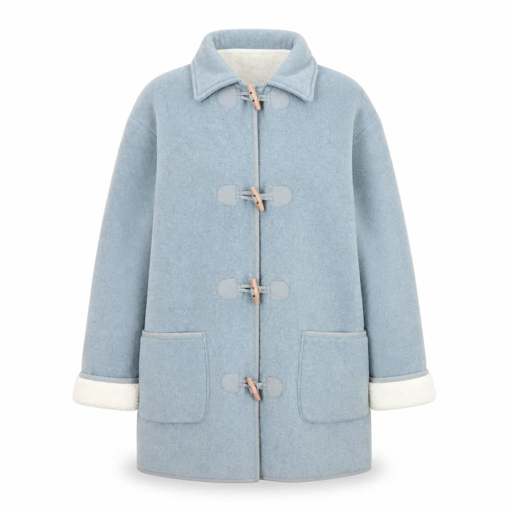 Front view of Fabrizio Women Blue Mid-Length Fleece Toggle Coat M