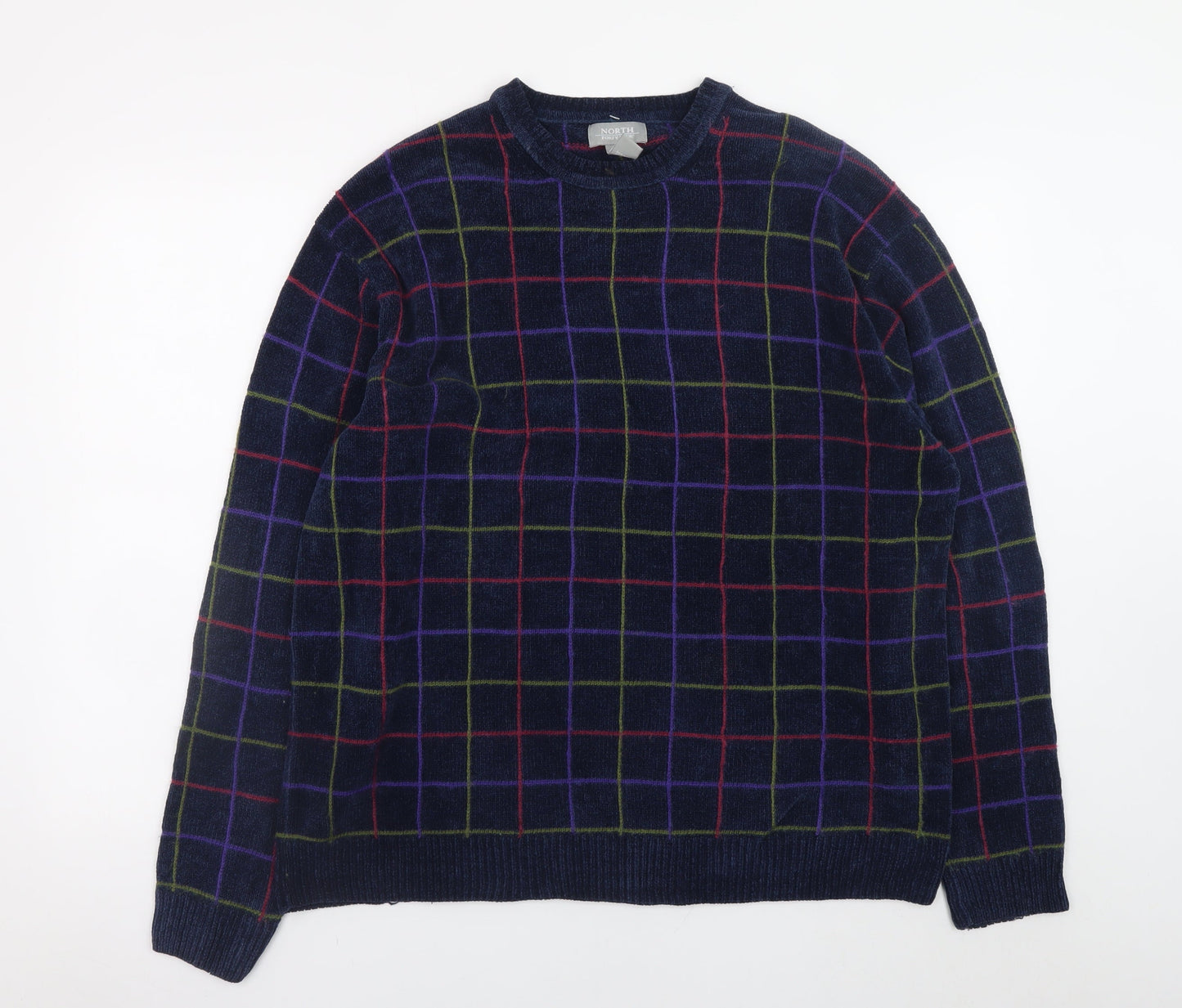 North Forty Four Men's Blue Check Crew Neck Pullover Jumper M