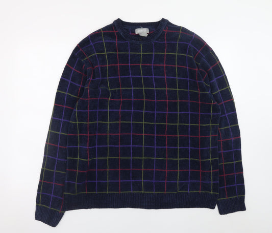 North Forty Four Men's Blue Check Crew Neck Pullover Jumper M