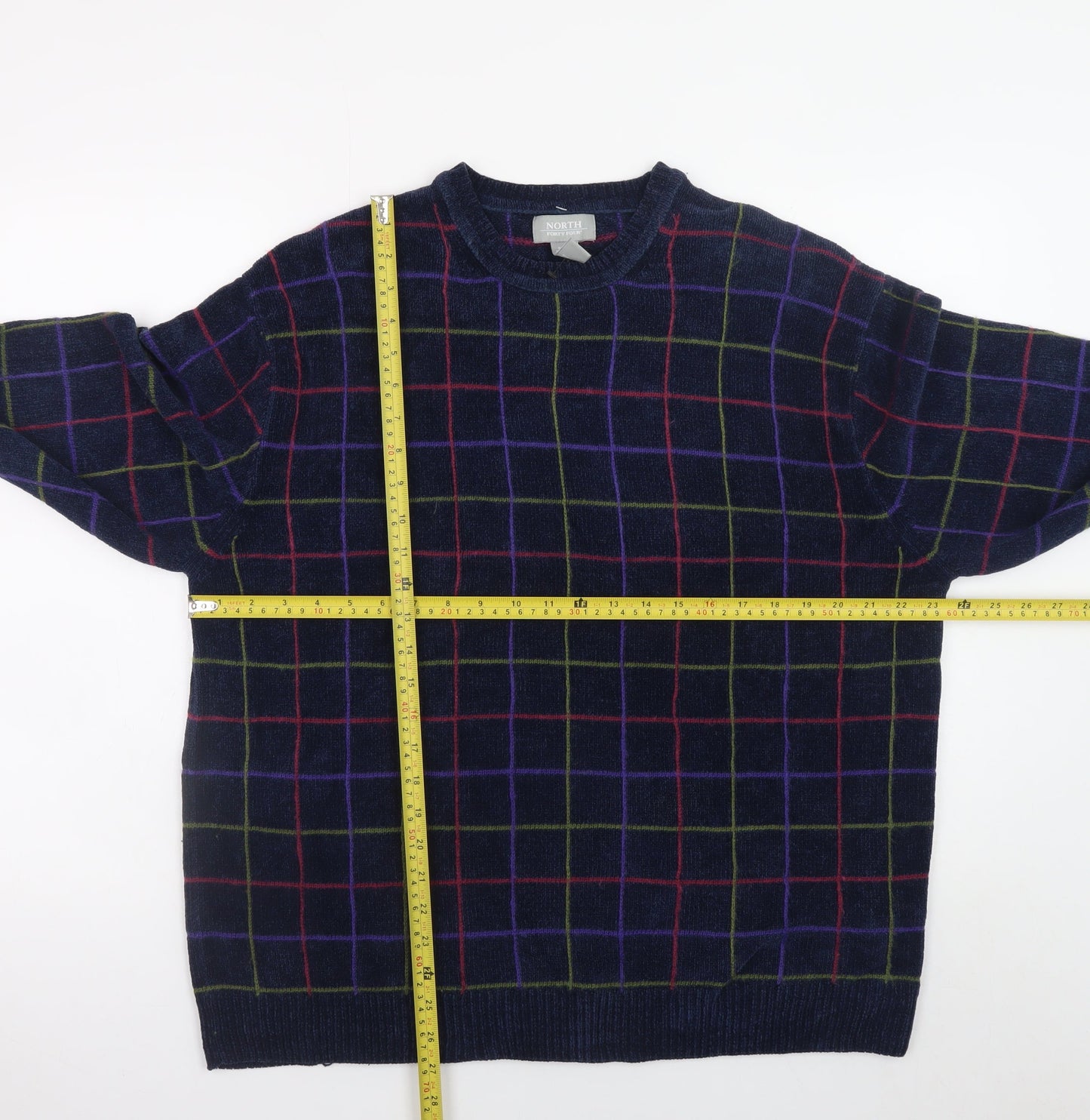 North Forty Four Men's Blue Check Crew Neck Pullover Jumper M