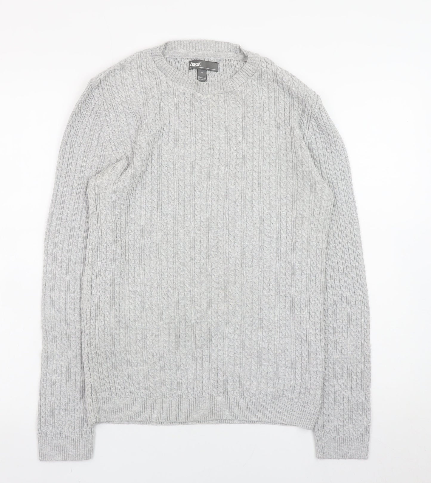 ASOS Men’s Grey Cable-Knit Cotton Blend Crew Neck Jumper Size M