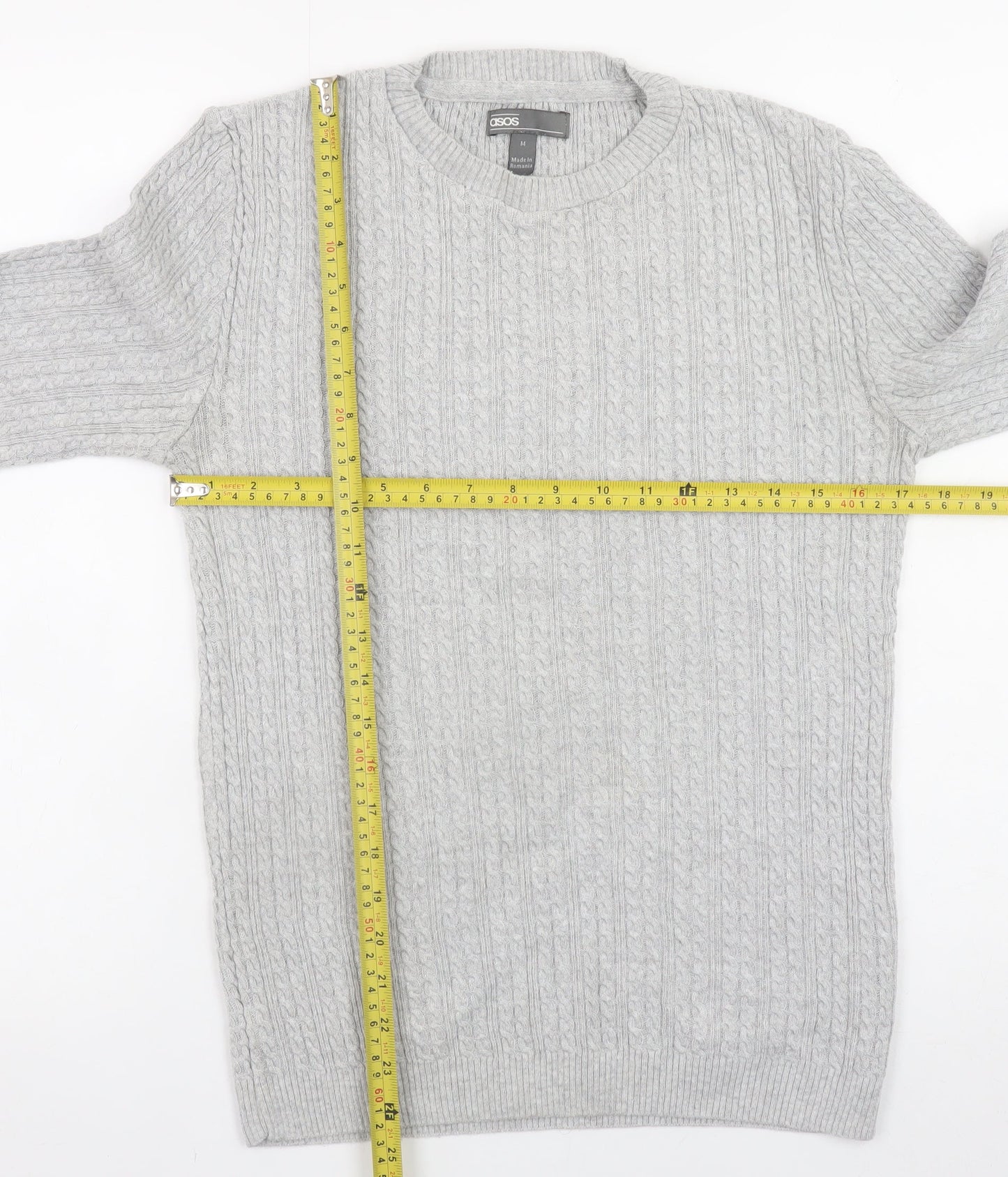 ASOS Men’s Grey Cable-Knit Cotton Blend Crew Neck Jumper Size M