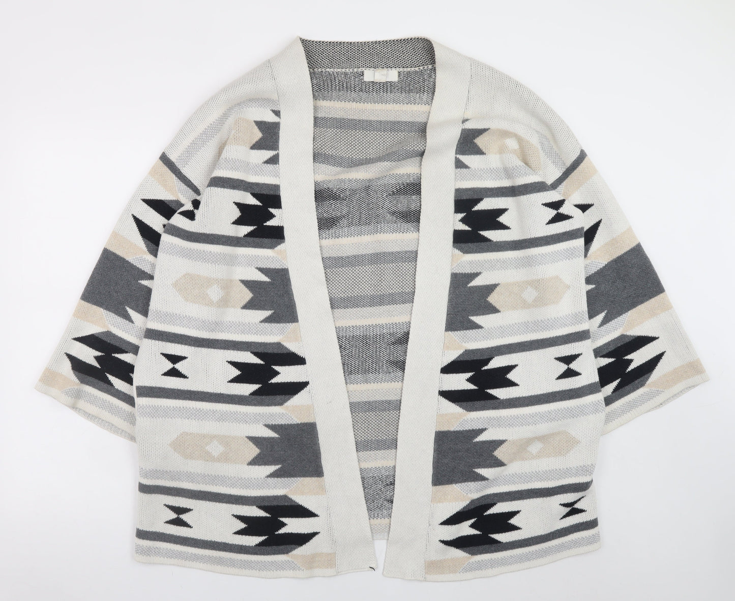 H&M Women Beige Grey Aztec Open Knit Cardigan Size 14