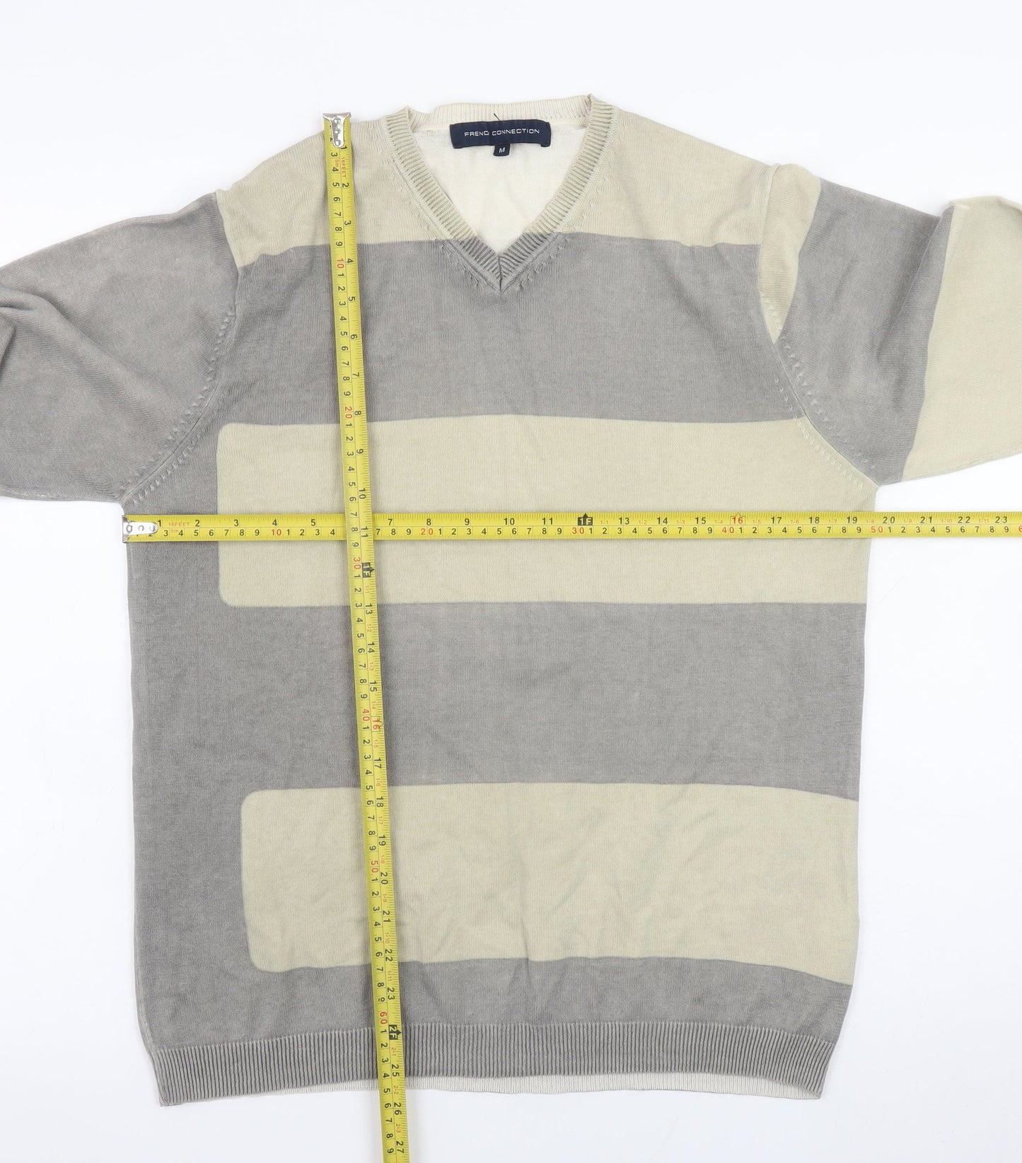 French Connection Men's Grey Striped Cotton V-Neck Jumper M