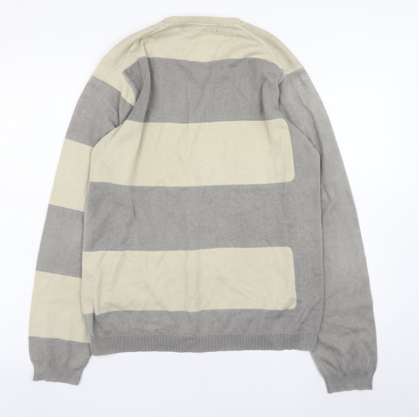 French Connection Men's Grey Striped Cotton V-Neck Jumper M