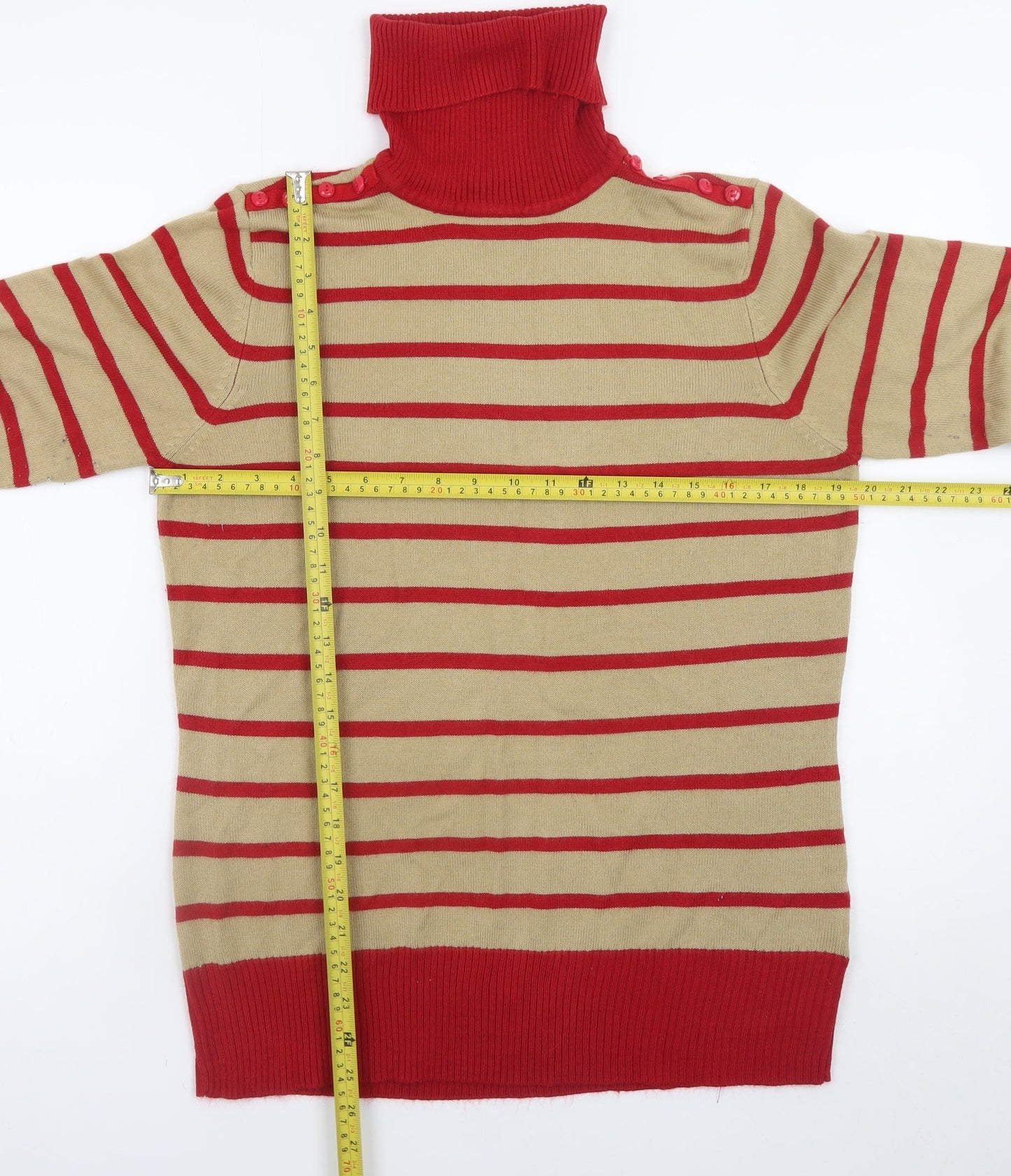 Mozaic Women Beige Red Striped Roll Neck Jumper Size L