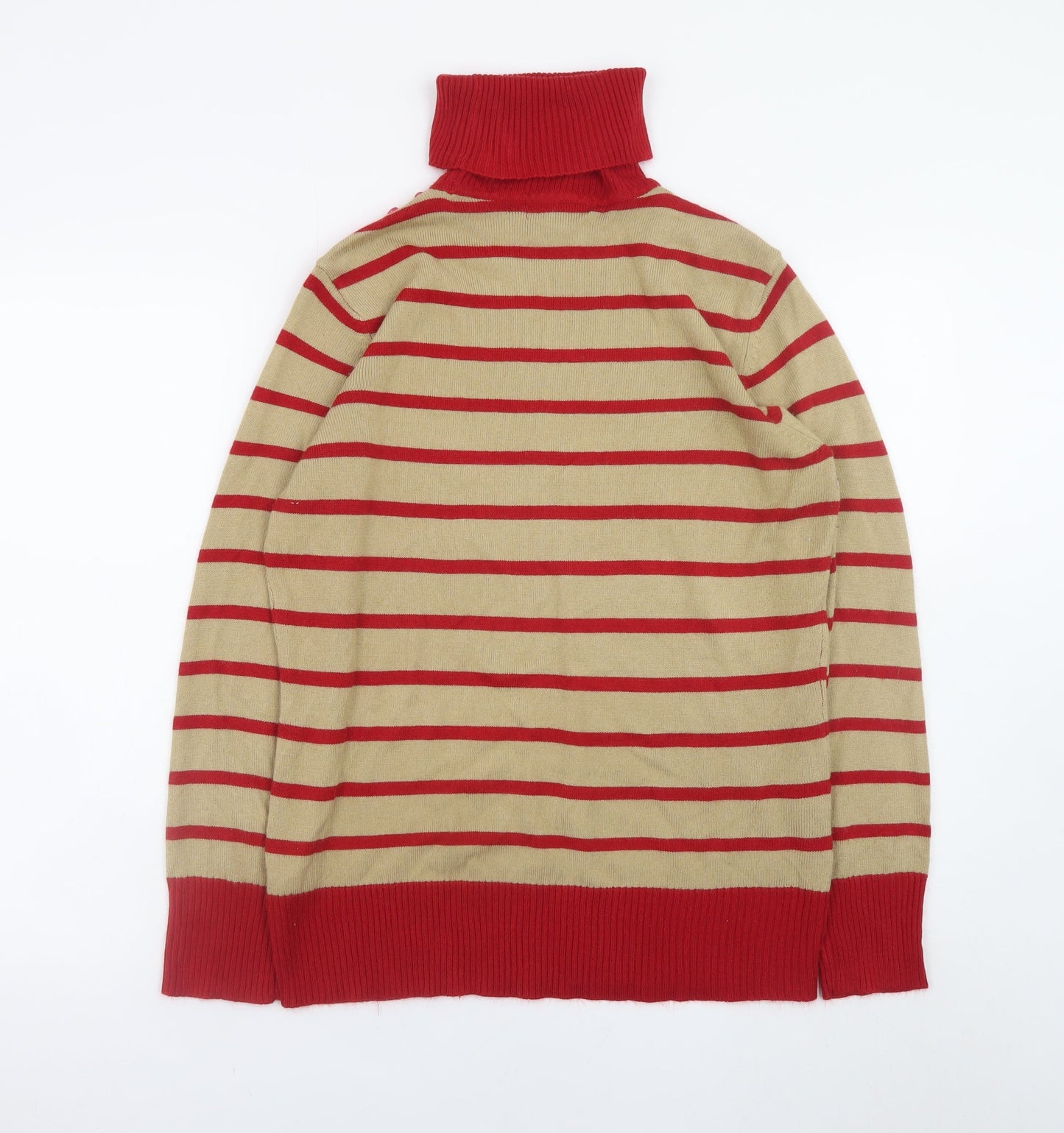Mozaic Women Beige Red Striped Roll Neck Jumper Size L