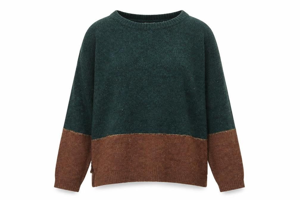 Fat Face Women Green Brown Wool Blend Jumper UK 12 Crew Neck Long Sleeve
